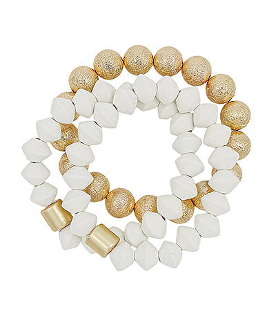 3 Row Wood & Stain CCB Bracelet, White/ Gold