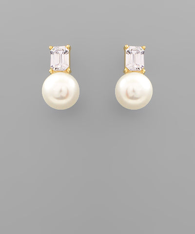 Baguette Glass Round Pearl Earrings, Clear