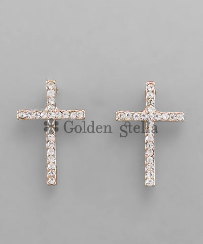 Paved Crystal Elongated Cross Post Earring, Clear/ Gold
